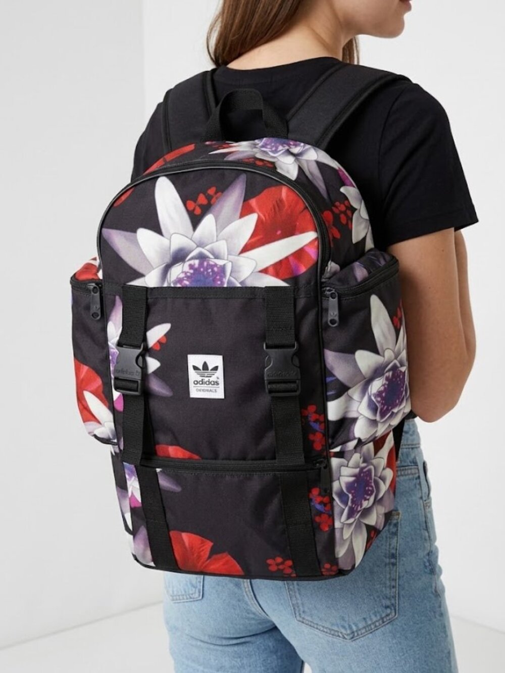 adidas Originals Floral Rucksack Backpack Black Multi Buckle Flap Trefoil Bag